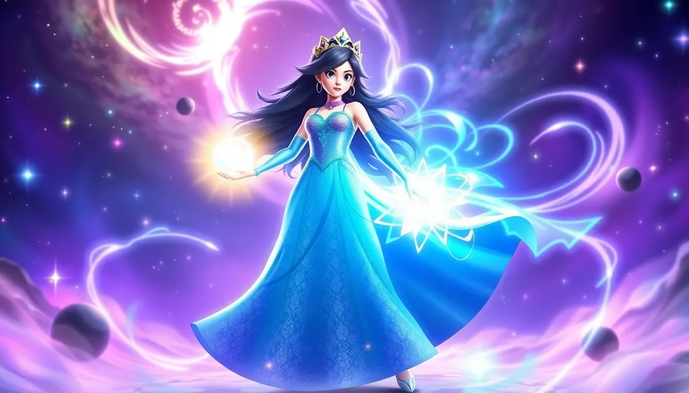 Rosalina in a cosmic battlefield using her gravity and stellar powers.