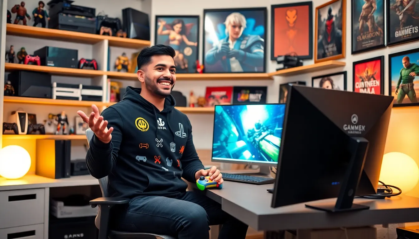 Larry Nando discussing gaming in his colorful home office.